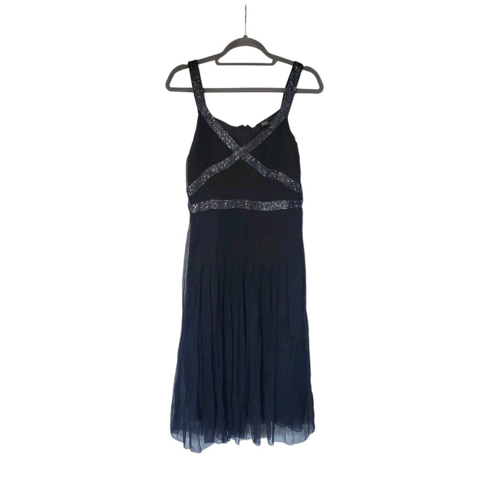 Saja 100% Silk Black Beaded Chiffon Sleeveless Cocktail Knee Length Dress Size 6